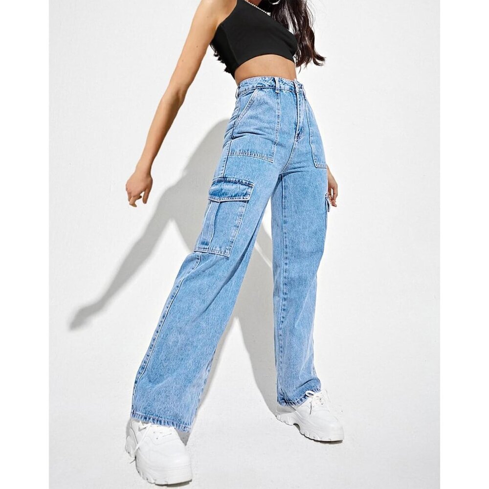 Fashionable Light Blue Cargo Trousers for Women – High Waisted, 6 Pockets, Large - Picture 6 of 6